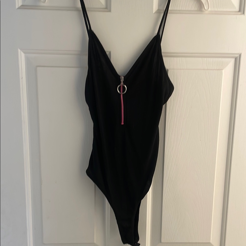 Black Bodysuit with Pink Zipper